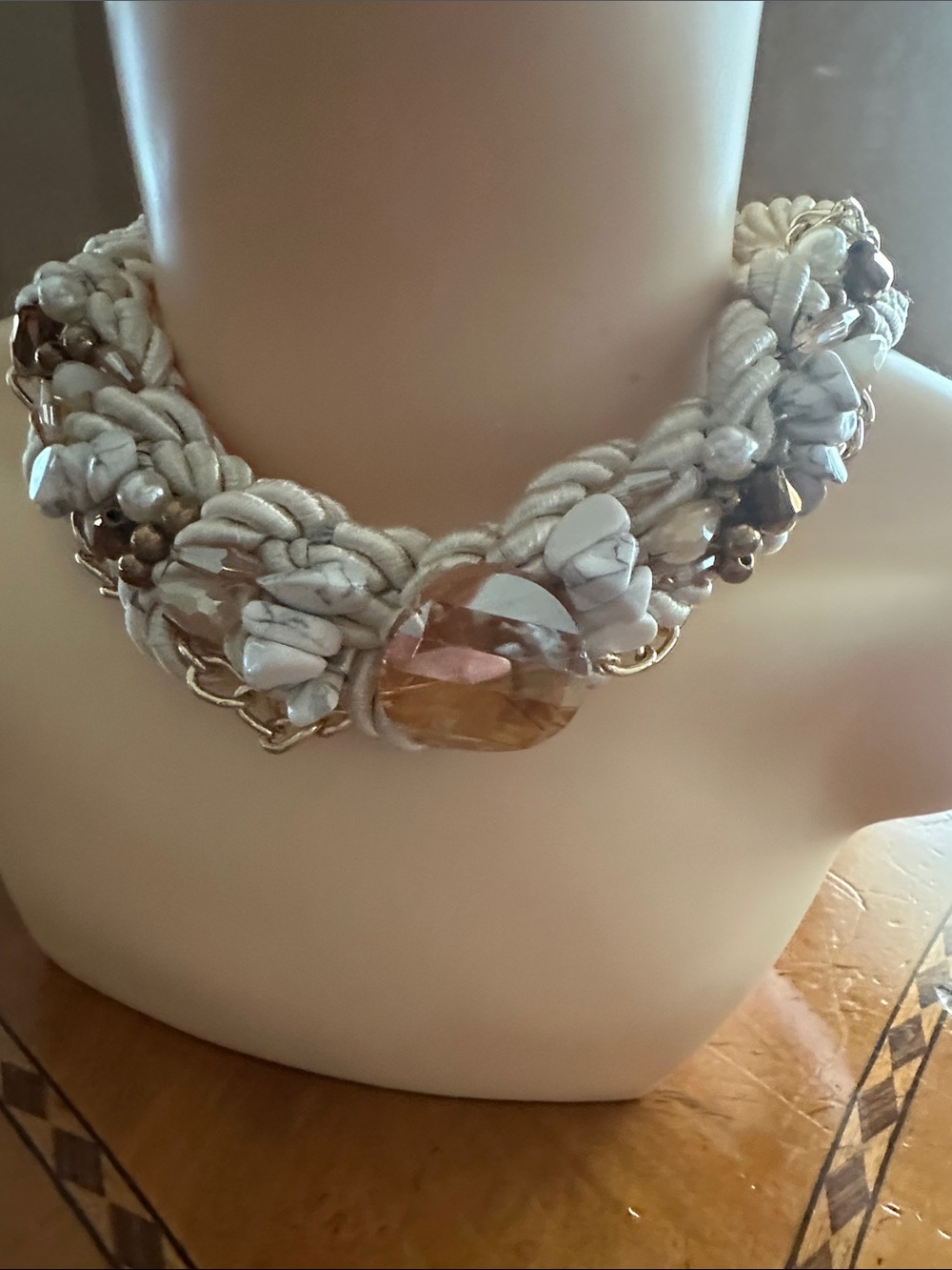 Neutral White Braided Necklace with Amber Stone Accent
